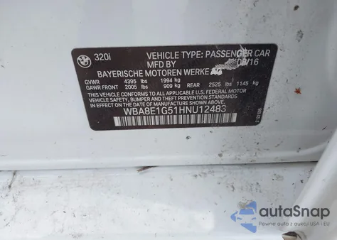 2017 BMW 320I из США, поврежденный, VIN WBA8E1G51HNU12483